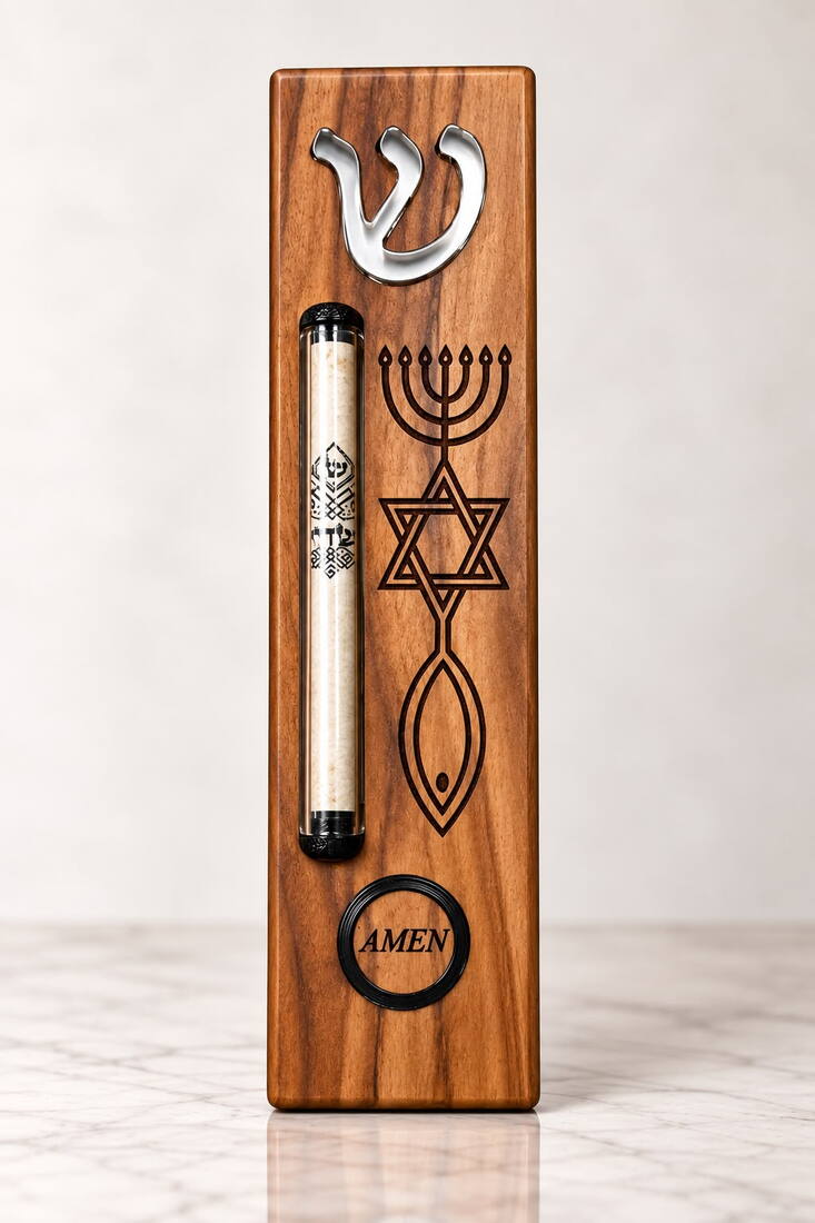 Shin & Messianic Seal Olive Wood Electronic Mezuzah