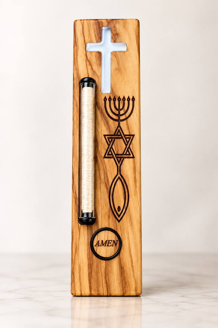 Cross & Messianic Seal Olive Wood Electronic Mezuzah