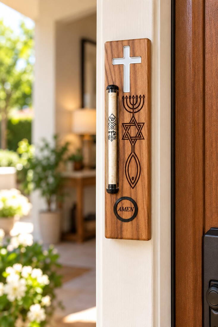 Olive wood Electronic Mezuzah with a cross and the Messianic Seal mounted on a doorpost