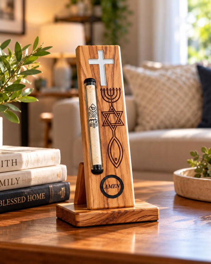 Olive wood mezuzah with a cross and the Messianic Seal in a living room