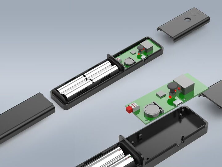 Inside the Electronic Mezuzah - exploded view of the circuit board, batteries and case