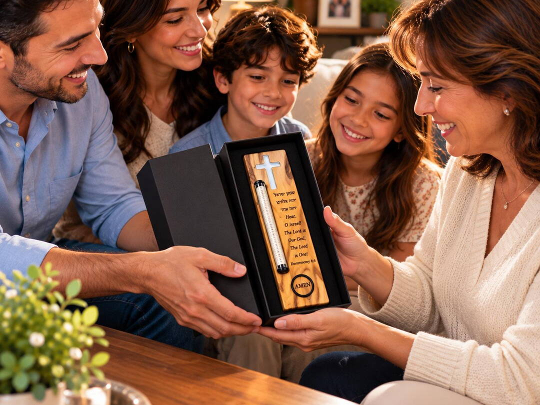 Family receiving an olive wood Electronic Mezuzah as a gift