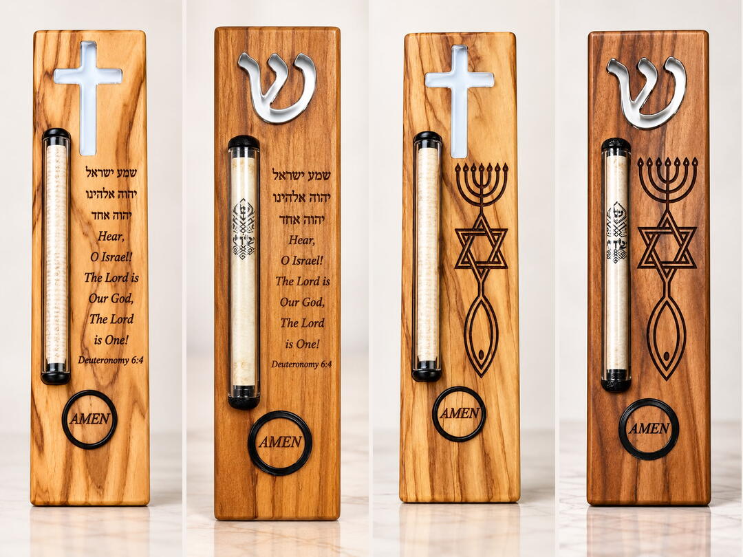 Four olive wood mezuzah designs - Cross and Shema, Shin and Shema, Cross and Messianic Seal, Shin and Messianic Seal