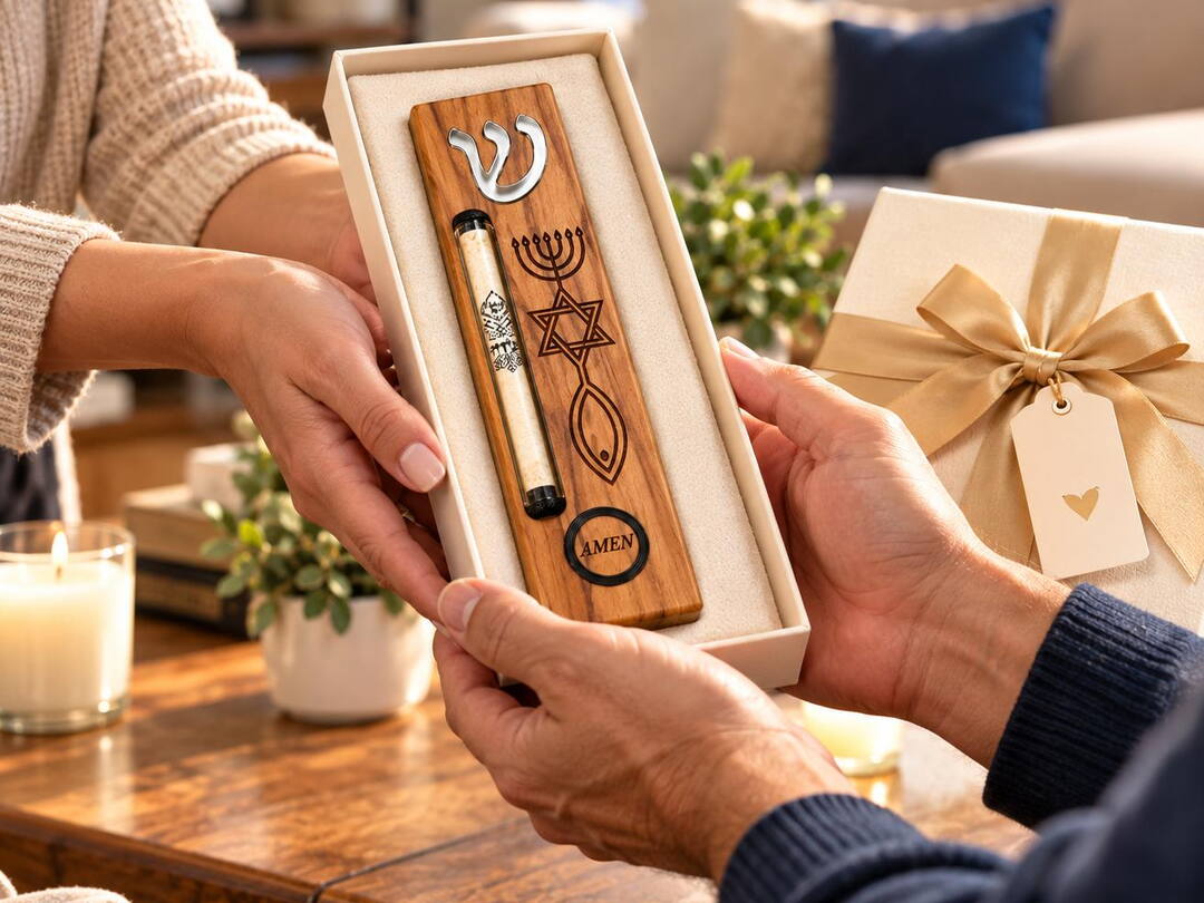 Olive wood mezuzah showing natural wood grain in its gift box
