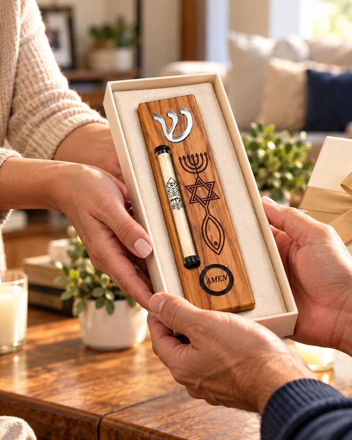 Olive wood mezuzah with the Shin and the Messianic Seal in its gift box